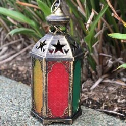 Tall Hexagon LED Lantern With Coloured Panels (16.5 X 37.5cm) -Lantern Shop BDC08616 0E0E 437D AD99 2E5A91C7A239