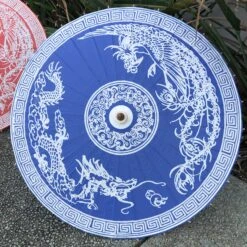 Chinese Paper Parasol - Blue Dragon And Phoenix