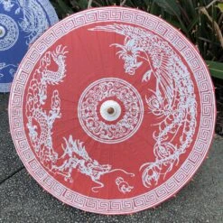 Chinese Paper Parasol - Red Dragon And Phoenix