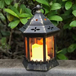 Hexagon Lantern With LED Candle -Lantern Shop hexagon lantern