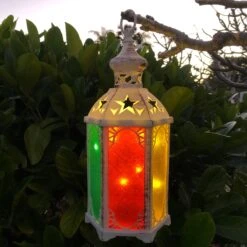 Tall Hexagon LED Lantern With Coloured Panels (16.5 X 37.5cm)