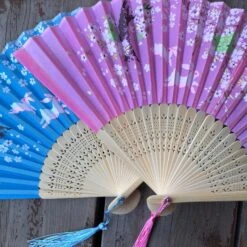 Luxury Bamboo Silk Fans - Rabbits, Blossoms, Pagodas