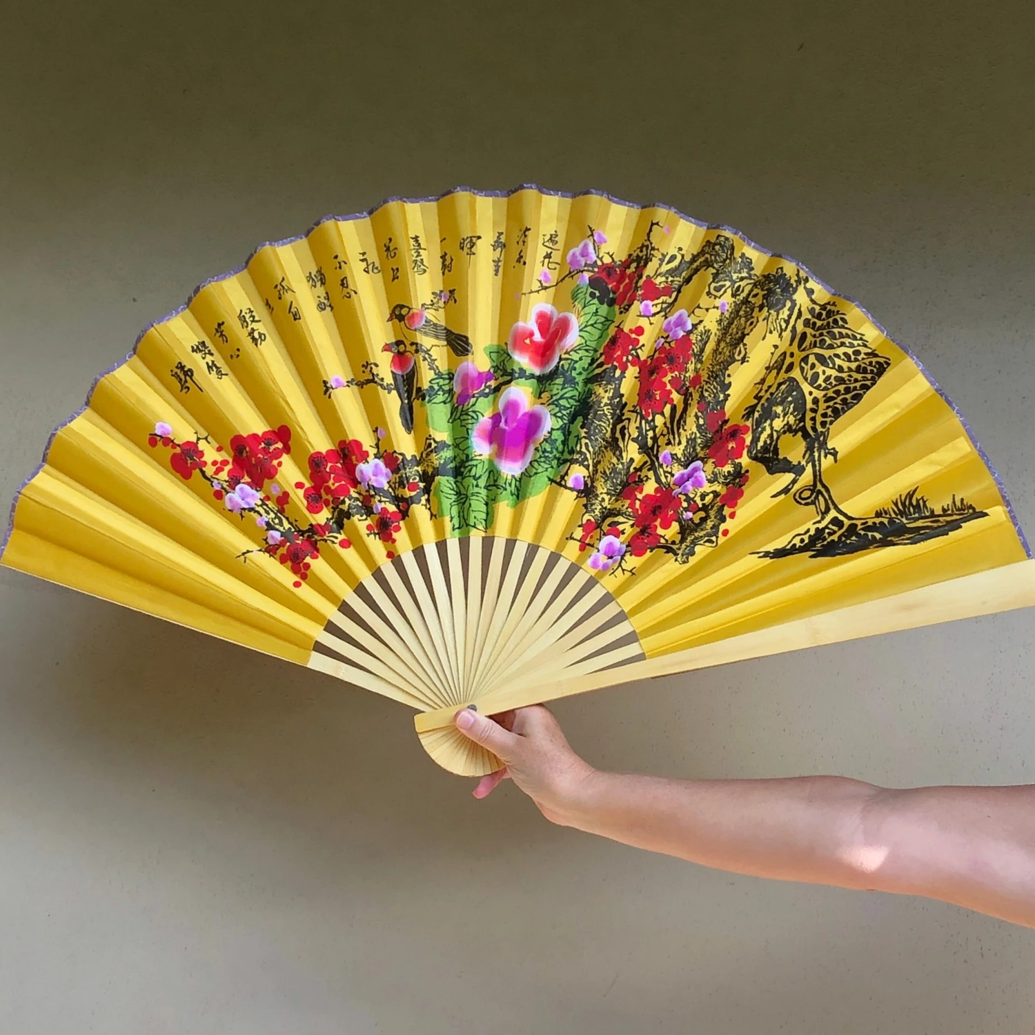 Giant Golden Yellow Silk Fan Birds And Blossoms (50cm X 90cm) 1 Giant Golden Yellow Silk Fan Birds And Blossoms (50cm X 90cm)