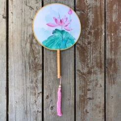 SALE - Elegant Round Silk Fan - Pink Lotus Flowers
