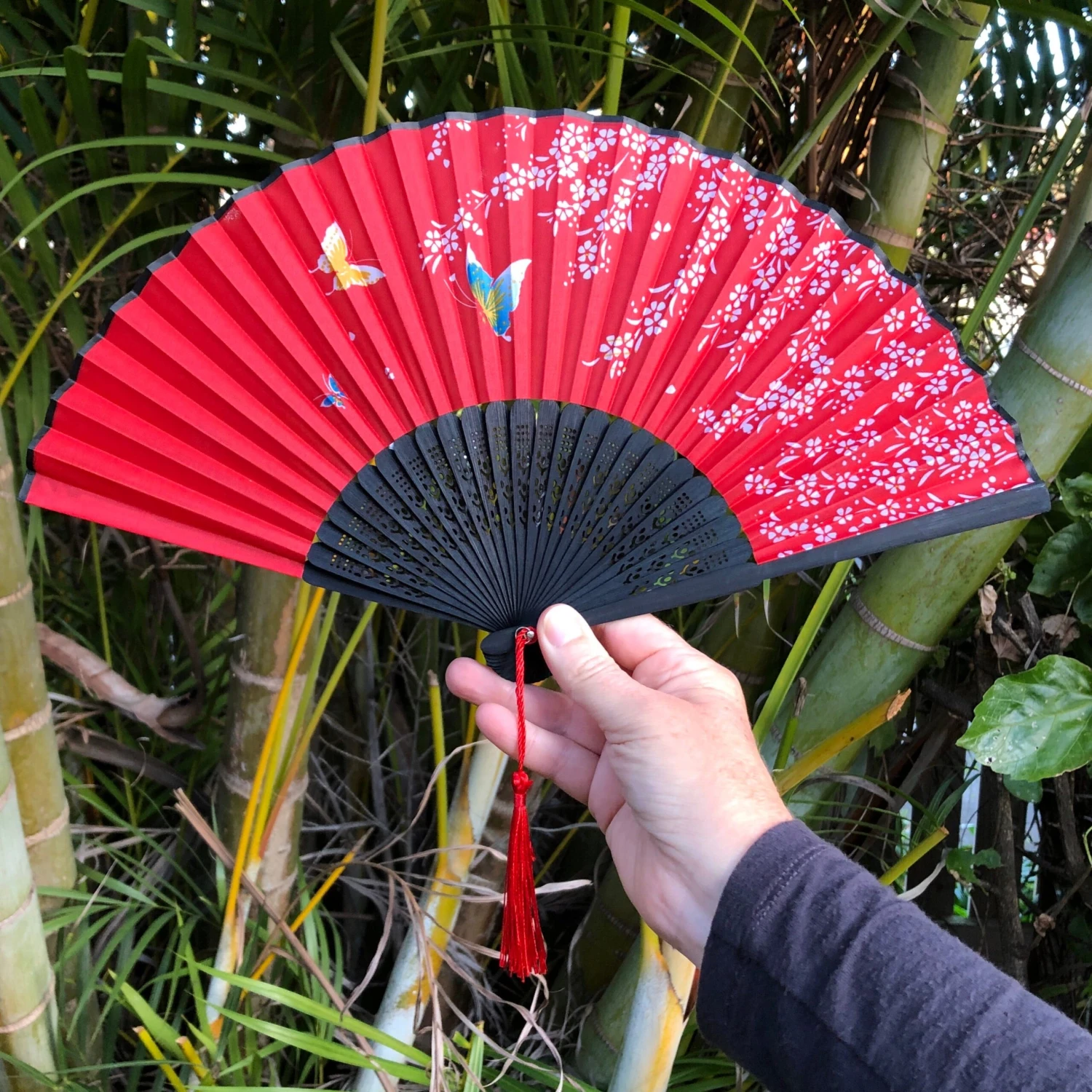 Luxury Black Bamboo Silk Fan - Red Butterflies And Blossoms 1 Luxury Black Bamboo Silk Fan - Red Butterflies And Blossoms