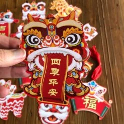 DIY Kit - Chinese Lion Hanging Decorations (12 Cards And Ribbon)