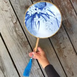 Elegant Round Silk Fan - Butterflies And Iris Flowers