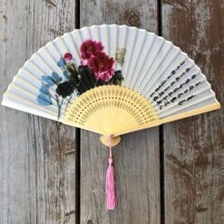 SALE - Sheer Silk Hand Fan - Peony Flowers