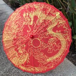 Red Nylon Parasol - Chinese Dragon And Phoenix