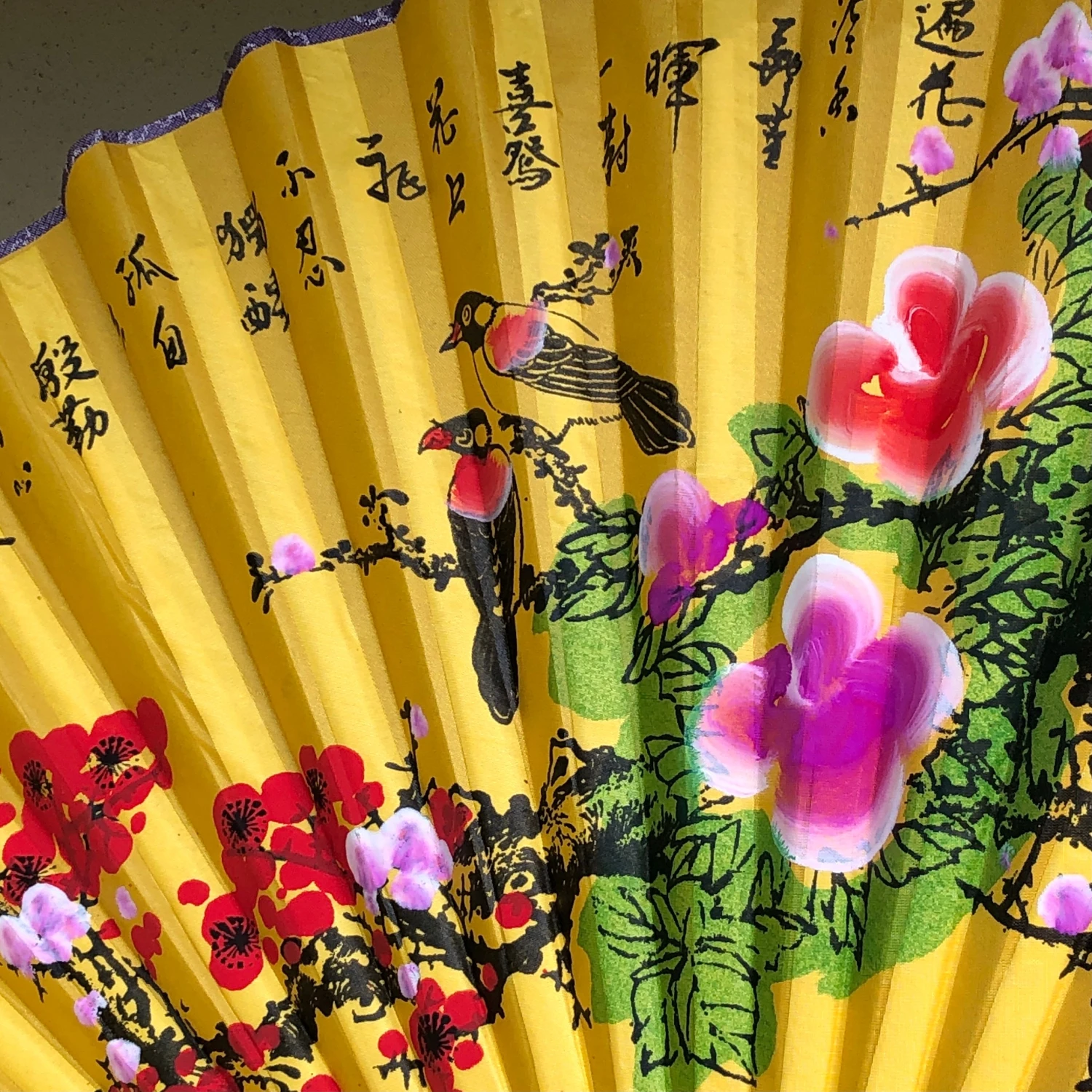 Giant Golden Yellow Silk Fan Birds And Blossoms (50cm X 90cm) 2 Giant Golden Yellow Silk Fan Birds And Blossoms (50cm X 90cm) - Image 2